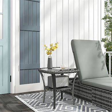Rattan Patio Side Table with Glass Top, Outdoor Wicker End Table with Shelf - Mixed Grey