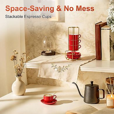 3 Ounce Espresso Cups Set of 4, Stackable Demitasse Mugs, Includes Display Stand
