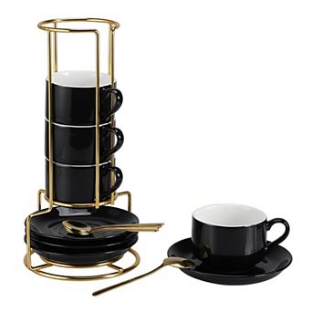 3 Ounce Espresso Cups Set of 4, Stackable Demitasse Mugs, Includes Display Stand