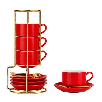 3 Ounce Espresso Cups Set of 4, Stackable Demitasse Mugs, Includes Display Stand