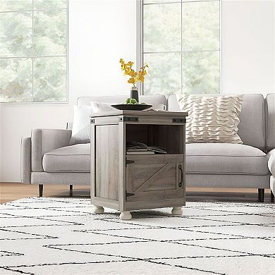 Modern Farmhouse Side Table with Storage Cabinet for Living Room or Bedroom
