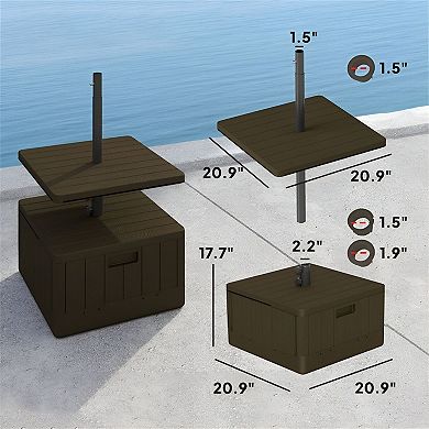 Patio Umbrella Stand with Adjustable Table, Wheels, and Handles for Deck or Pool Use - Brown