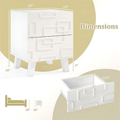 Geometric Nightstand with Two Drawers, Bedside Storage for Bedroom - White