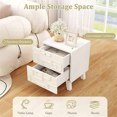 Geometric Nightstand with Two Drawers, Bedside Storage for Bedroom - White