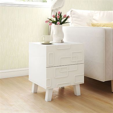 Geometric Nightstand with Two Drawers, Bedside Storage for Bedroom - White
