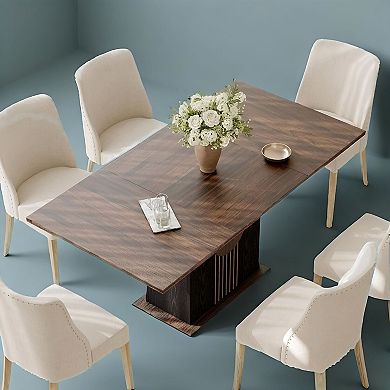 Farmhouse Dining Table for 4-6 People, Rectangular Kitchen Table with Patterned Base