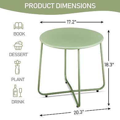 Green Outdoor Patio Side Table, Round Steel Accent Table for Balcony or Garden