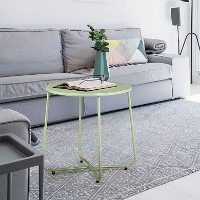 Green Outdoor Patio Side Table, Round Steel Accent Table for Balcony or Garden