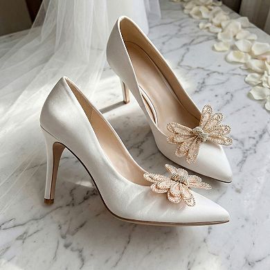 2 PCS Women's Bow Shoe Clips Rhinestone Satin Shoe Buckle Removable Decorative Clips for Heels Flats
