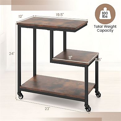 G-Shaped Rolling Accent Table 3 Shelves Lockable Wheels for Bedroom or Office