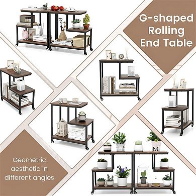 G-Shaped Rolling Accent Table 3 Shelves Lockable Wheels for Bedroom or Office