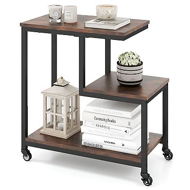 G-Shaped Rolling Accent Table 3 Shelves Lockable Wheels for Bedroom or Office