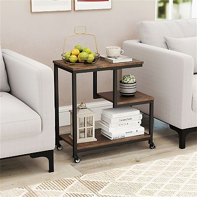 G-Shaped Rolling Accent Table 3 Shelves Lockable Wheels for Bedroom or Office