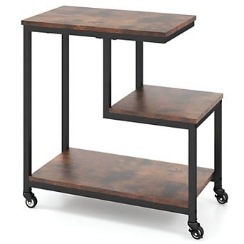 G-Shaped Rolling Accent Table 3 Shelves Lockable Wheels for Bedroom or Office