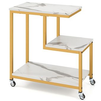 G-Shaped Rolling Accent Table 3 Shelves Lockable Wheels for Bedroom or Office