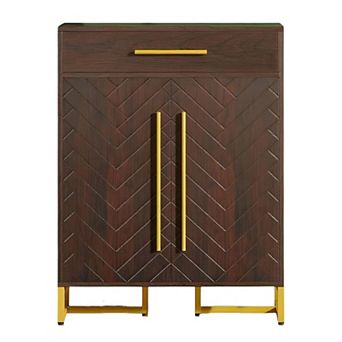 Walnut Shoe Storage Cabinet with Gold Handles and Enclosed Doors, Fits 20 Pairs