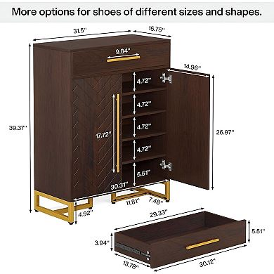 Walnut Shoe Storage Cabinet with Gold Handles and Enclosed Doors, Fits 20 Pairs