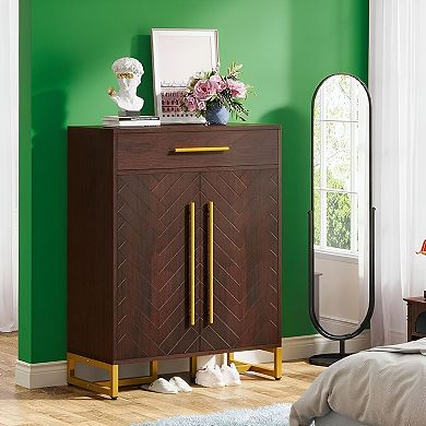 Walnut Shoe Storage Cabinet with Gold Handles and Enclosed Doors, Fits 20 Pairs