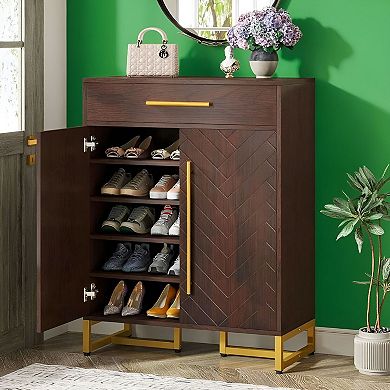 Walnut Shoe Storage Cabinet with Gold Handles and Enclosed Doors, Fits 20 Pairs
