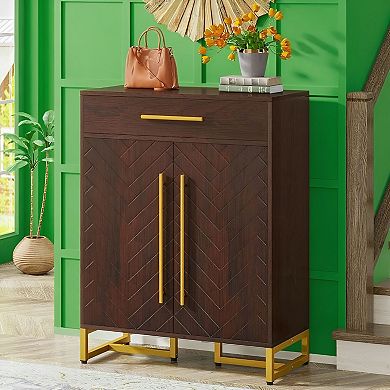 Walnut Shoe Storage Cabinet with Gold Handles and Enclosed Doors, Fits 20 Pairs