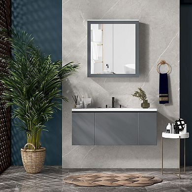Wall-Mounted Mirror Cabinet with 3-Tier Storage and Adjustable Shelves for Bathroom - White, Grey