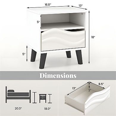 Modern Bedside Table with Drawer, Open Shelf, and Spacious Top for Lamp or Books - White
