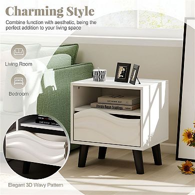 Modern Bedside Table with Drawer, Open Shelf, and Spacious Top for Lamp or Books - White