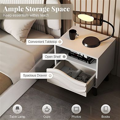 Modern Bedside Table with Drawer, Open Shelf, and Spacious Top for Lamp or Books - White