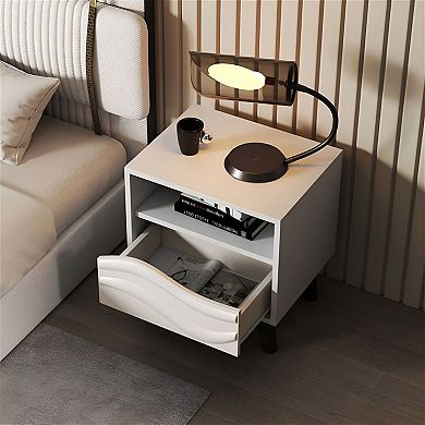 Modern Bedside Table with Drawer, Open Shelf, and Spacious Top for Lamp or Books - White