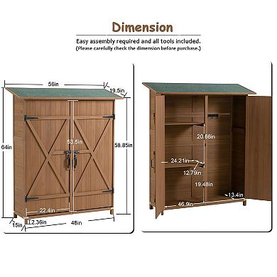 Fir Wood Garden Storage Shed with Lockable Double Doors and Waterproof Roof