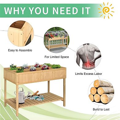 Raised Garden Bed with 8 Planter Boxes and Storage Shelf for Patio or Backyard - Natural
