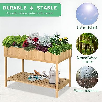 Raised Garden Bed with 8 Planter Boxes and Storage Shelf for Patio or Backyard - Natural