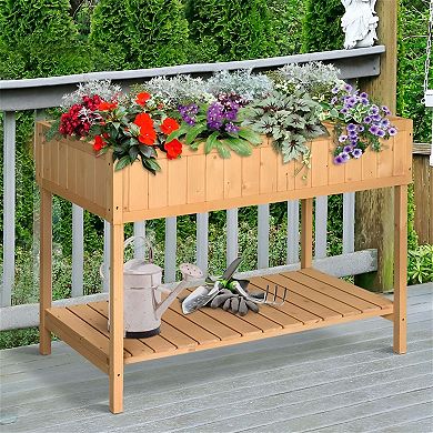 Raised Garden Bed with 8 Planter Boxes and Storage Shelf for Patio or Backyard - Natural