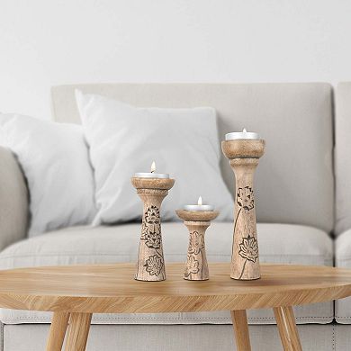 Pillar Candleholder Set Carved Lotus Vine