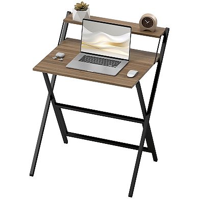 Folding Computer Desk for Small Spaces with Shelf, Compact Home Office and Study Desk - Walnut