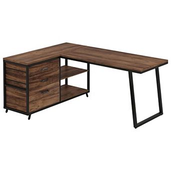 L Shaped Computer Desk with Drawers and Shelves, Reversible Home Office Desk - Rustic Brown, Black