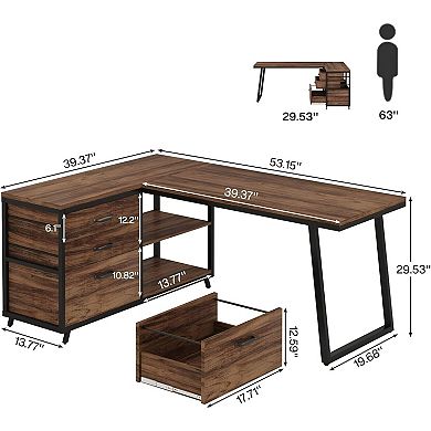 L Shaped Computer Desk with Drawers and Shelves, Reversible Home Office Desk - Rustic Brown, Black