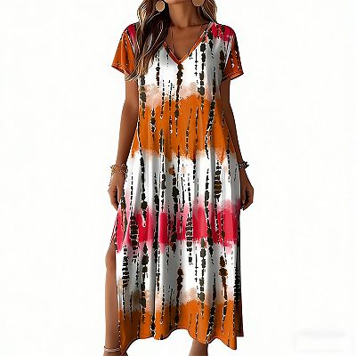 Women's Casual Loose V-Neck Maxi Dress with Side Slit, Flowy Long Dresses for Vacation & Daily
