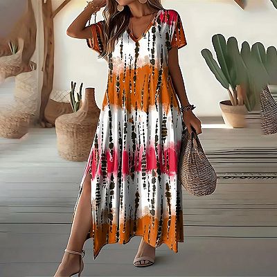 Women's Casual Loose V-Neck Maxi Dress with Side Slit, Flowy Long Dresses for Vacation & Daily