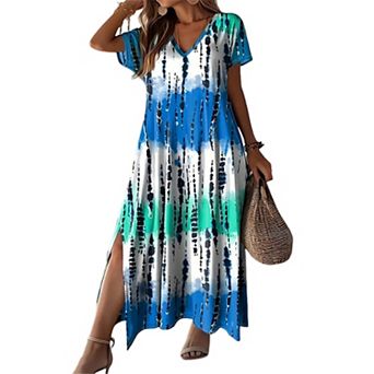 Women's Casual Loose V-Neck Maxi Dress with Side Slit, Flowy Long Dresses for Vacation & Daily