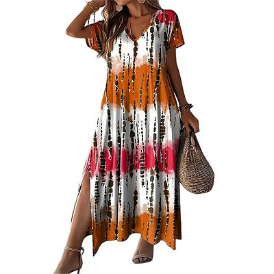 Women's Casual Loose V-Neck Maxi Dress with Side Slit, Flowy Long Dresses for Vacation & Daily