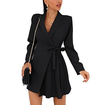 Women's Lapel Neck Tie Waist Pleated Blazer Dress Long Sleeve Wrap Work Mini Dress