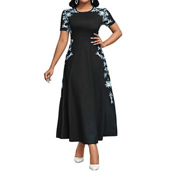 Women's Floral Print Maxi Dress Short Sleeve Round Neck A-Line Casual Long Dress