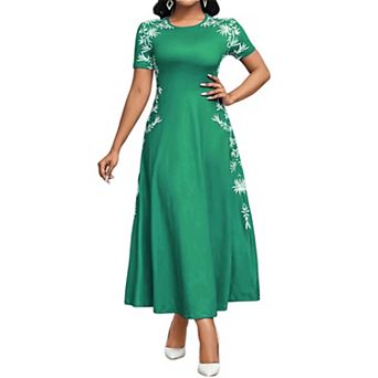 Women's Floral Print Maxi Dress Short Sleeve Round Neck A-Line Casual Long Dress
