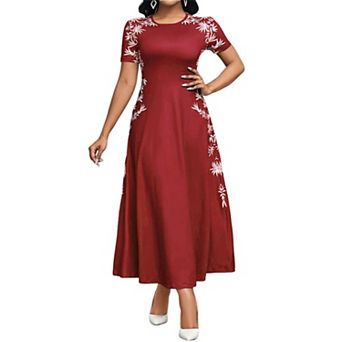 Women's Floral Print Maxi Dress Short Sleeve Round Neck A-Line Casual Long Dress