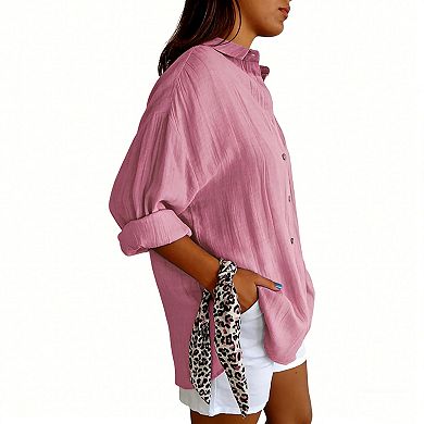 Women's Textured Long Sleeve Button Down Shirt Casual Loose Tunic Blouse