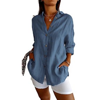 Women's Textured Long Sleeve Button Down Shirt Casual Loose Tunic Blouse