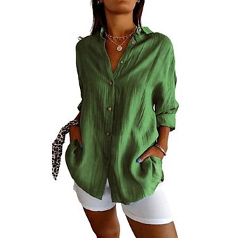 Women's Textured Long Sleeve Button Down Shirt Casual Loose Tunic Blouse