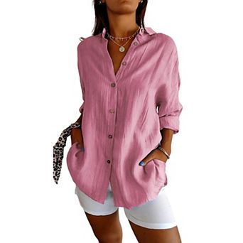 Women's Textured Long Sleeve Button Down Shirt Casual Loose Tunic Blouse