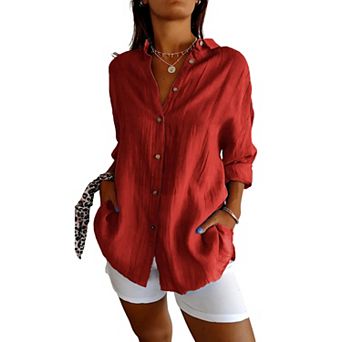 Women's Textured Long Sleeve Button Down Shirt Casual Loose Tunic Blouse